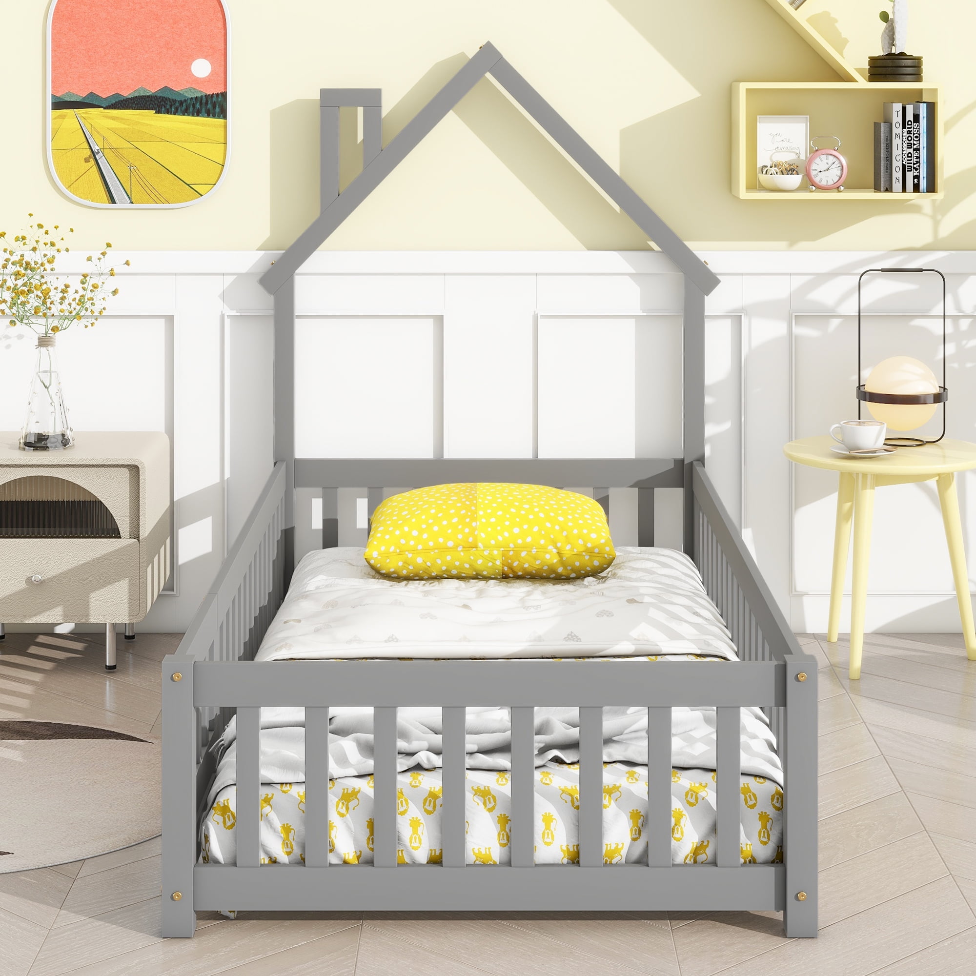 Uhomepro Twin Floor Bed Frame with Fence and Door Low Wood Bed for Toddlers Girls Boys Gray in Honduras at HNL 0 Rating 5