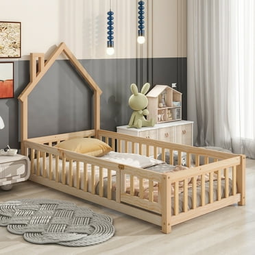 Twin Floor Bed Frame for Toddler, Montessori Floor Bed with Fence and ...