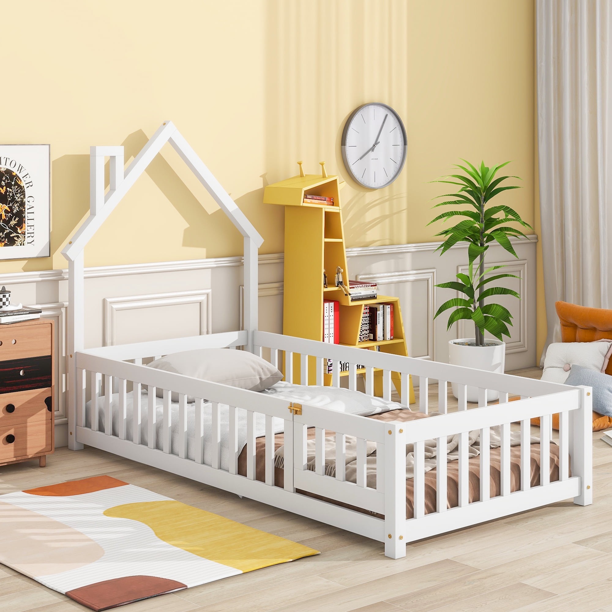 uhomepro Kids Twin Floor Bed with Fence & Door, HouseShaped Wood Low