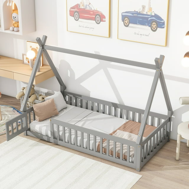uhomepro Twin Floor Toddler Bed Frame, Kids Tentshaped House Bed with