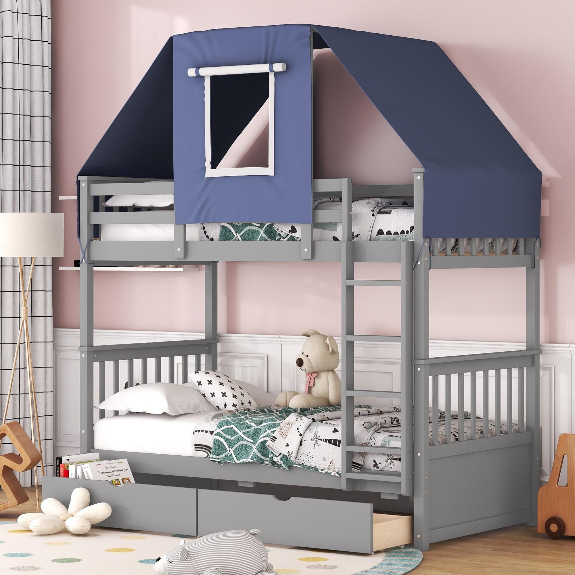 uhomepro Twin over Full Bunk Bed with Tent and Drawers, Solid Wood Bed