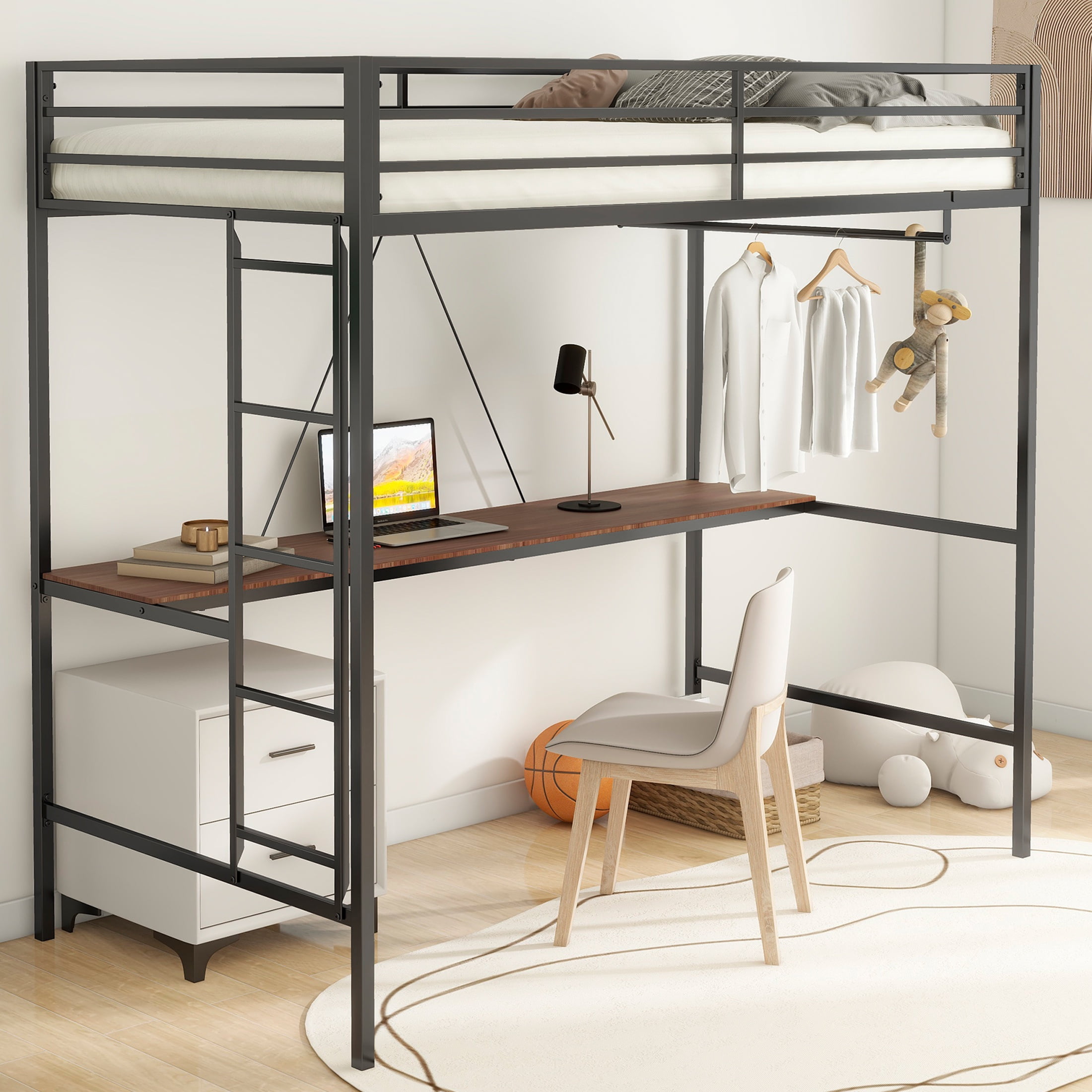 UHOMEPRO Twin Loft Bed with Desk, Metal Twin Loft Bunk with Cinnamon ...