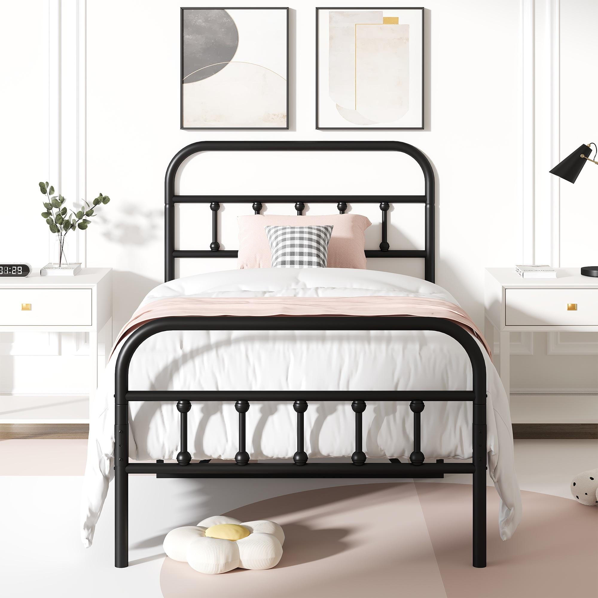 uhomepro Rustic Twin Bed Frame with Headboard, Black Metal, No Box