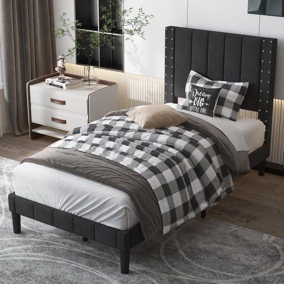 uhomepro Twin Platform Bed Frame with Upholstered Headboard, Fabric Upholstered Platform Bed Frame with Wood Slat Support for Bedroom, No Box Spring Needed, Easy Assembly, Black