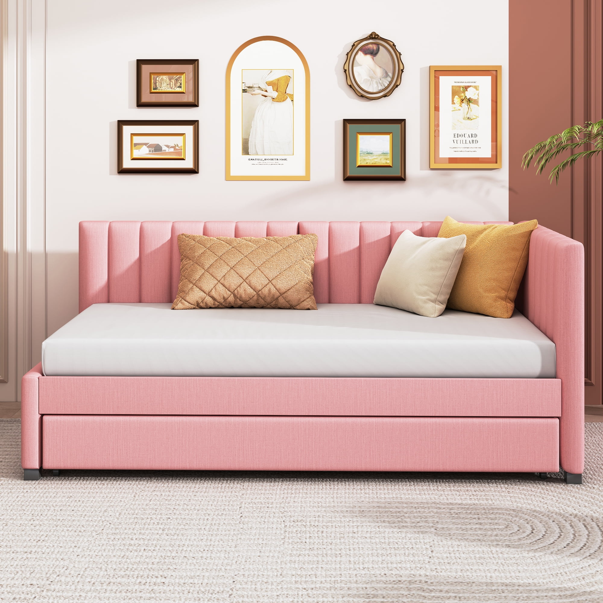 uhomepro Twin Size Daybeds with Trundle Upholstered Twin Daybed Bed with Roll Out Trundle Sofa Daybed for Bedroom Living Room No Box Spring Needed