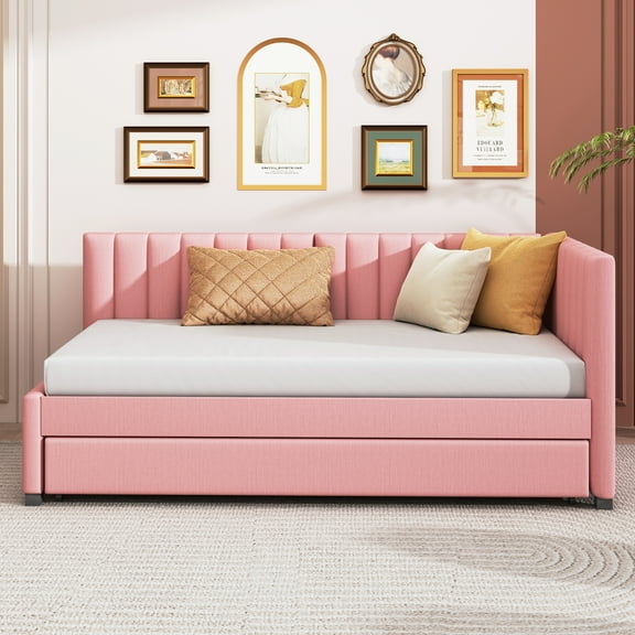 uhomepro Twin Size Daybeds with Trundle, Upholstered Twin Daybed Bed with Roll-Out Trundle, Sofa Daybed for Bedroom Living Room, No Box Spring Needed, Pink