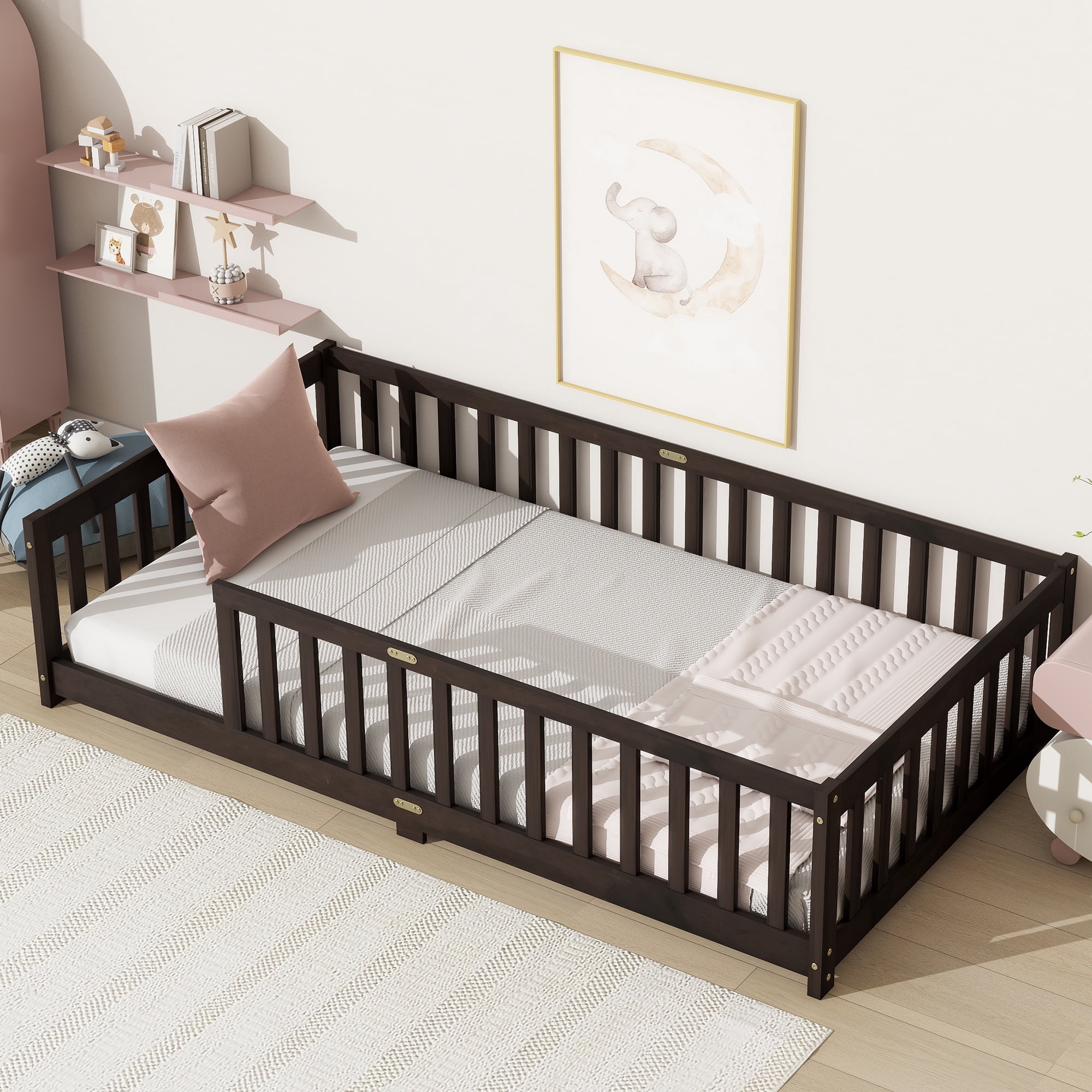 Twin Size Floor Bed with Fence, UHOMEPRO Montessori Floor Bed with Slats and Safety Guardrails, Solid Wood Twin Bed Frame for Bedroom, Espresso