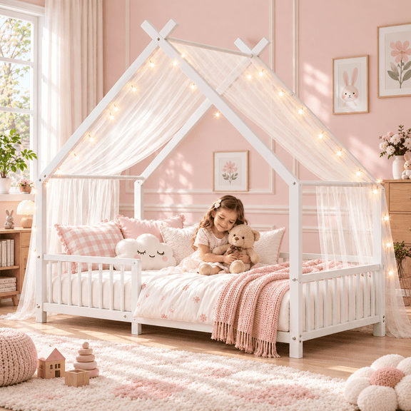 UHOMEPRO Twin Montessori Floor Bed for Kids and Toddler, Low Profile House Bed with Guardrails and Bookcase, Easy Assembly, White