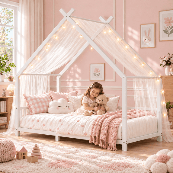 UHOMEPRO Twin Montessori Floor Bed for Kids and Toddler, Low Profile House Bed with Guardrails, Easy Assembly, White