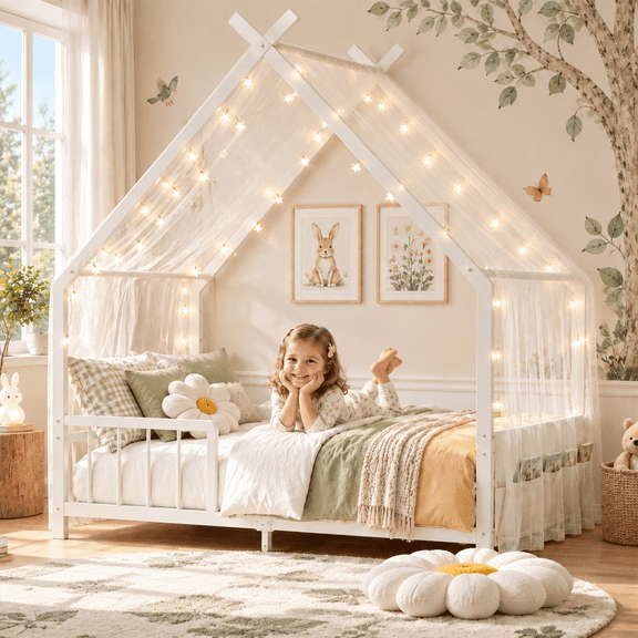 UHOMEPRO Twin Montessori Floor Bed for Kids and Toddler, Low Profile House Bed with Guardrails and Bookcase, Easy Assembly, White