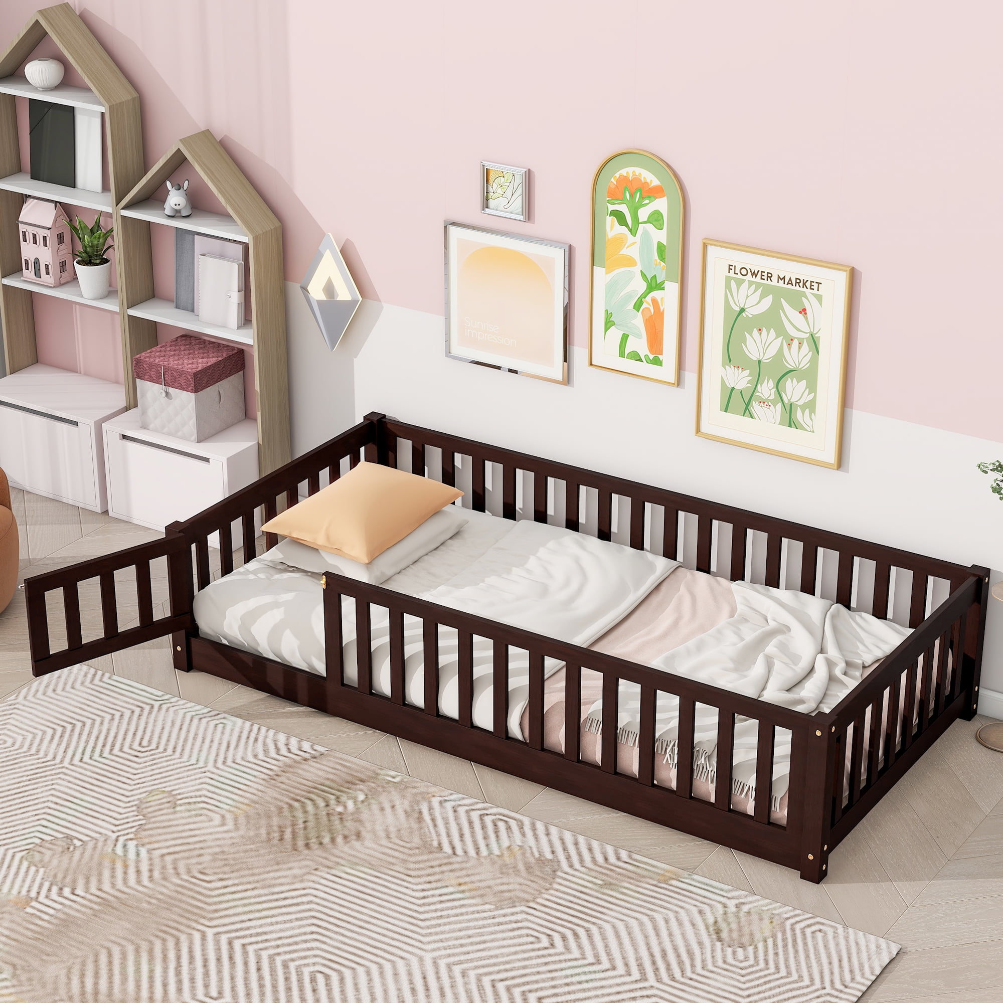 uhomepro Twin Size Wood Floor Bed Frame with Fence and Door for Kids ...