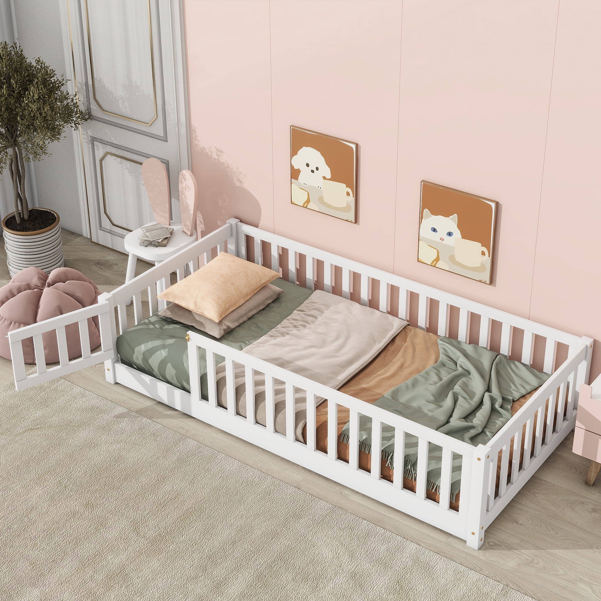 uhomepro Twin Size Wood Floor Bed Frame with Fence and Door for Kids