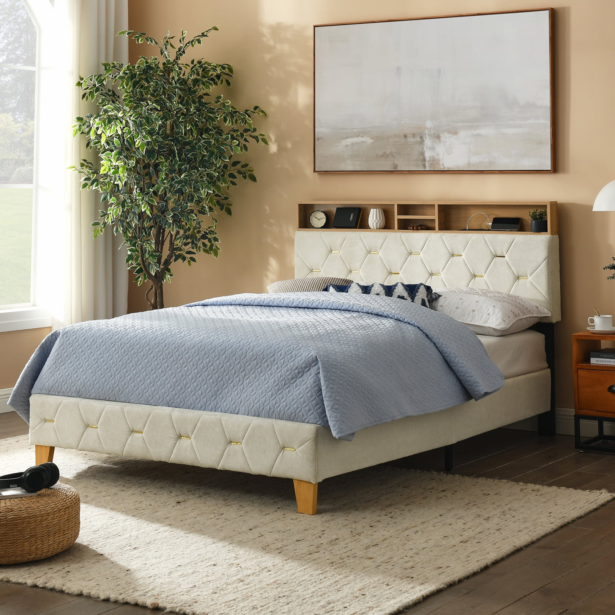 Upholstered bed 2024 with wooden legs