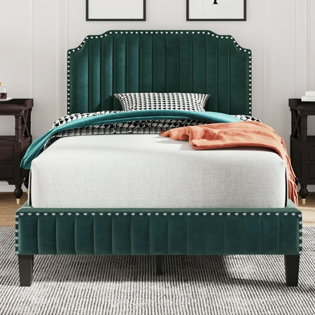 uhomepro Upholstered Platform Bed Frame, Full Size Bed Frame with Modern Curved Upholstered Wingback Headboard, Nailhead Trim, Heavy Duty Full Bed with Wood Slat Support, No Box Spring Needed
