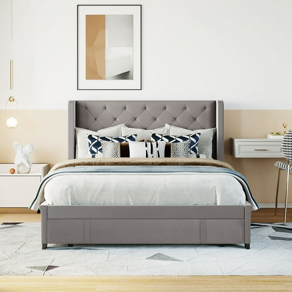 uhomepro Upholstered Platform Bed Frame, Queen Size Storage Bed Frame with Wood Slat Support, Button Tufted Velvet Upholstered Headboard, Big Drawer, No Box Spring Required, Gray