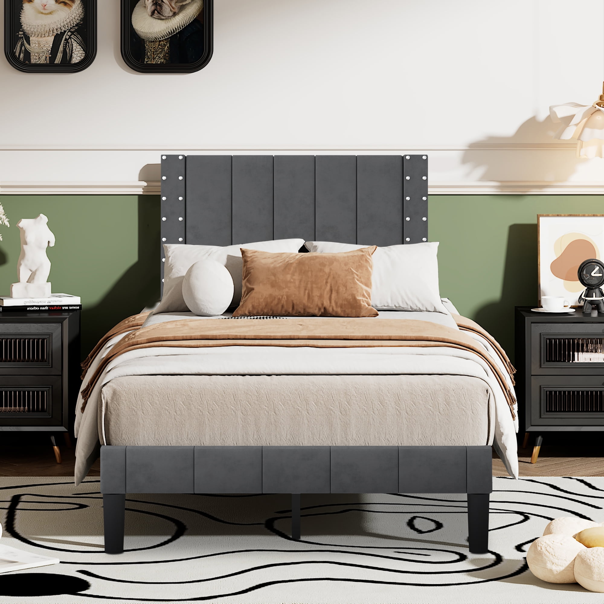Modern Velvet Upholstered Twin Bed Frame with Headboard Gray