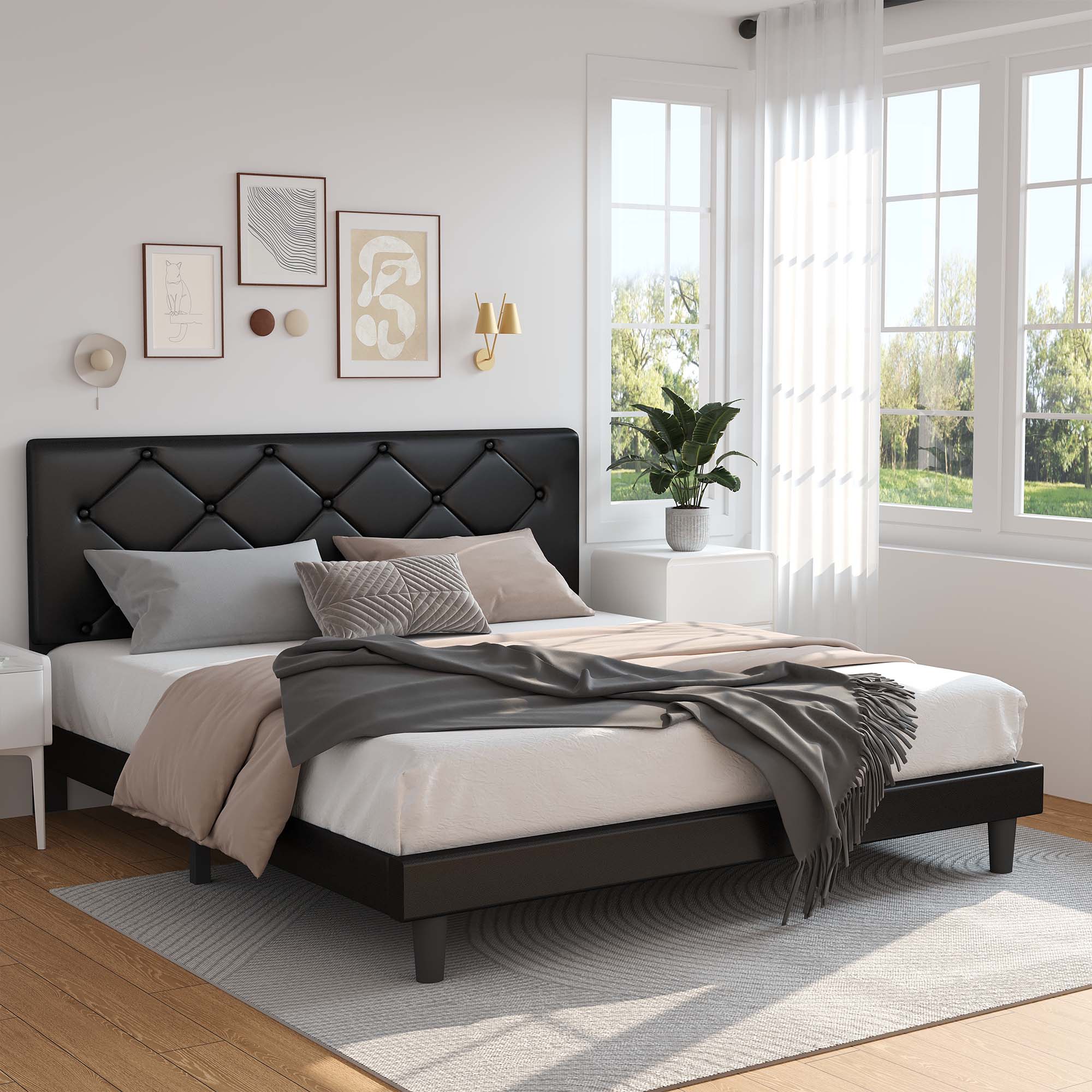 uhomepro Upholstered Platform Full Bed Frame with Headboard, Modern