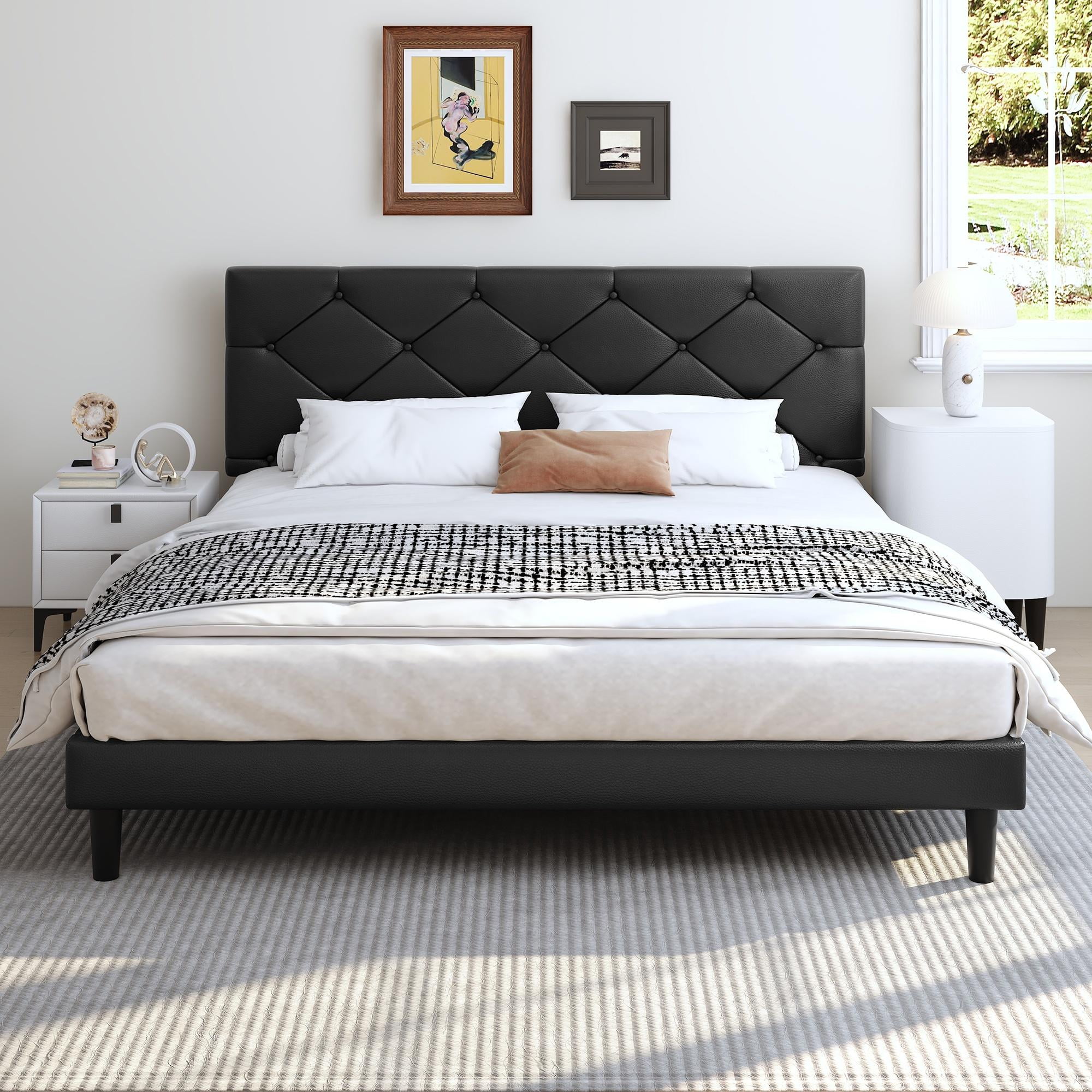 UHOMEPRO Upholstered Platform Queen Bed Frame with Headboard Modern Black Faux Leather Queen Bed Frame with Wood Slat Support Mattress Foundation