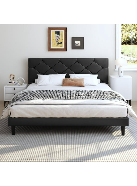 uhomepro Upholstered Platform Queen Bed Frame with Headboard, Modern Black Faux Leather Queen Bed Frame with Wood Slat Support, Mattress Foundation for Adults Kids, No Box Spring Needed