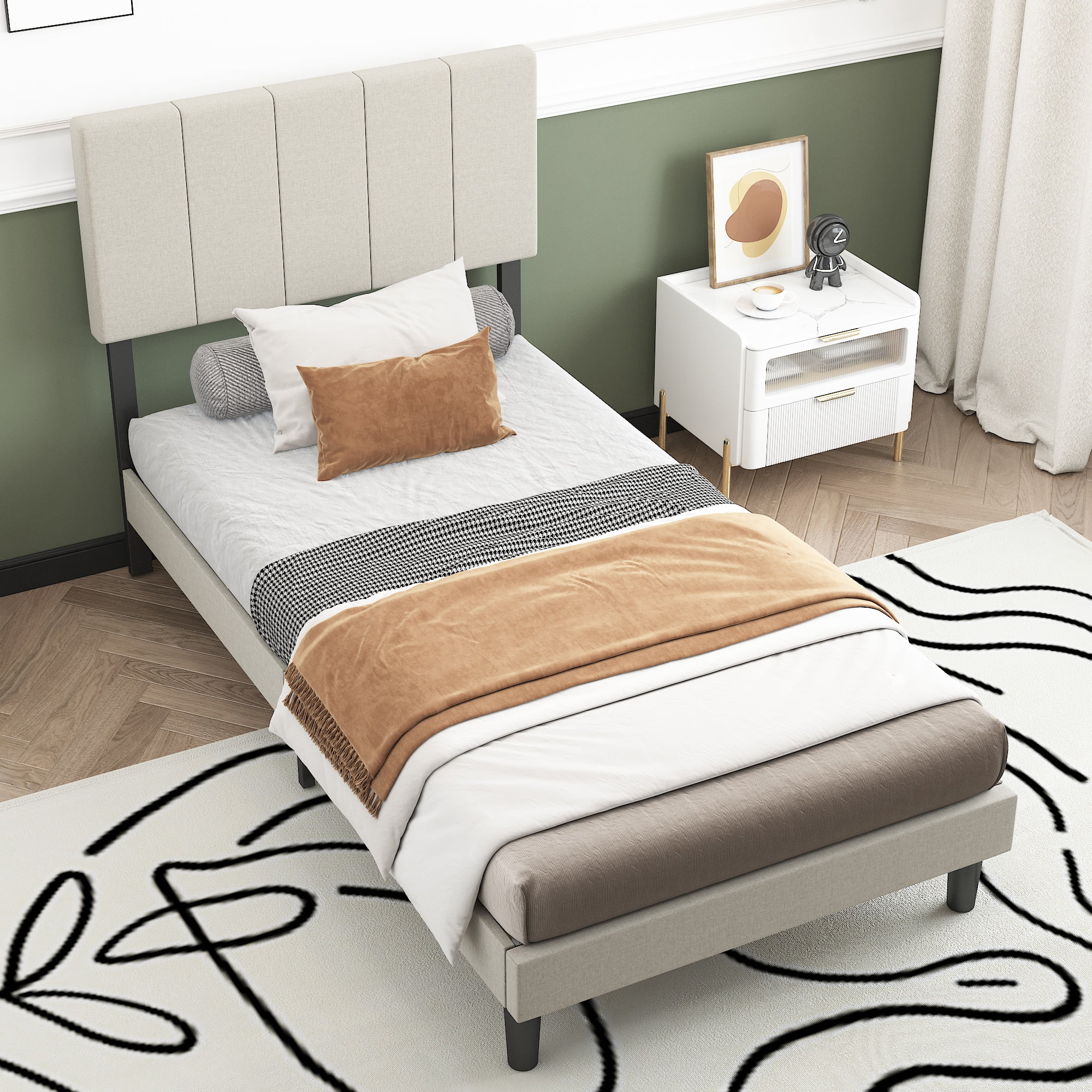 uhomepro Upholstered Platform Twin Bed Frame with Headboard, Modern