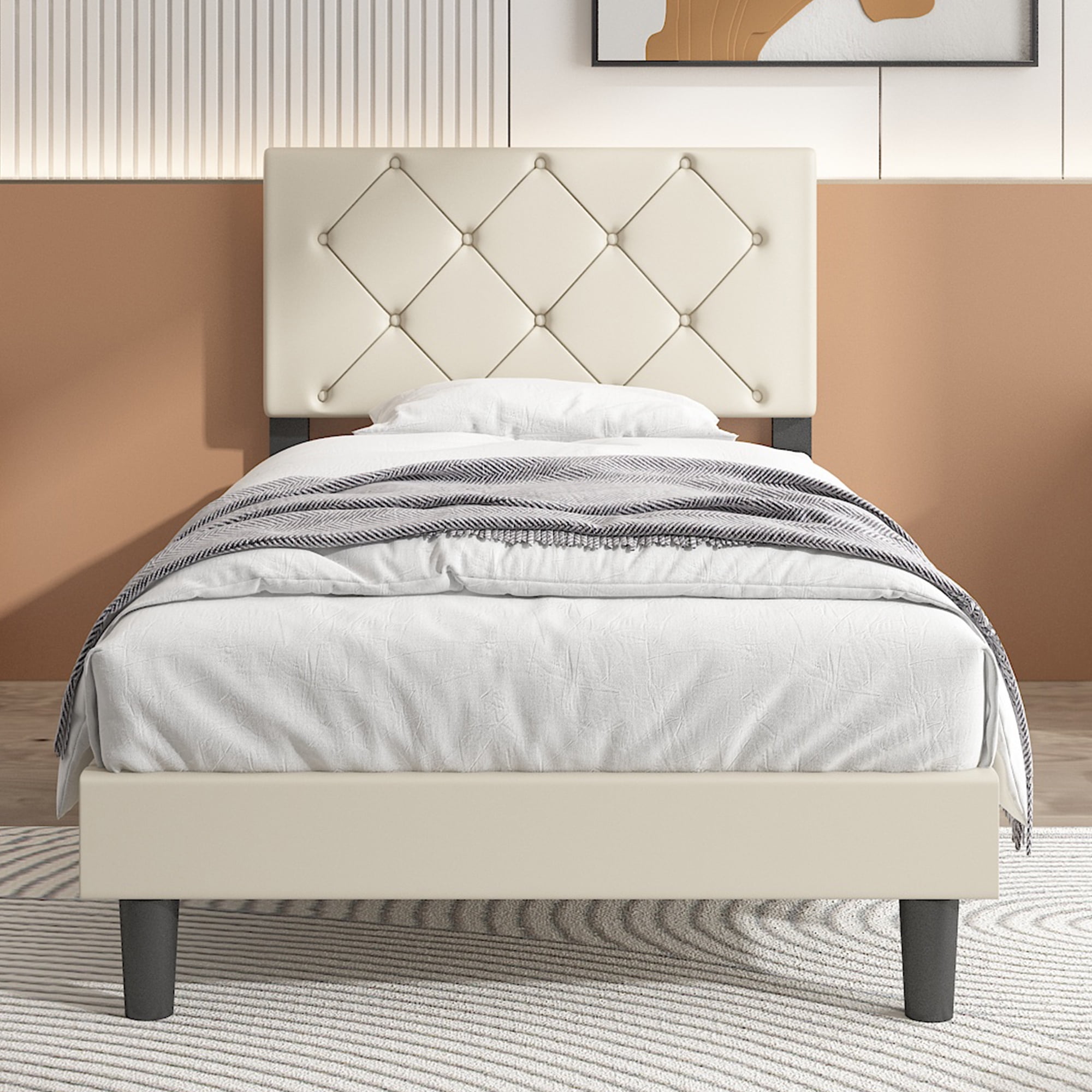 uhomepro Upholstered Platform Twin Bed Frame with Headboard, Modern