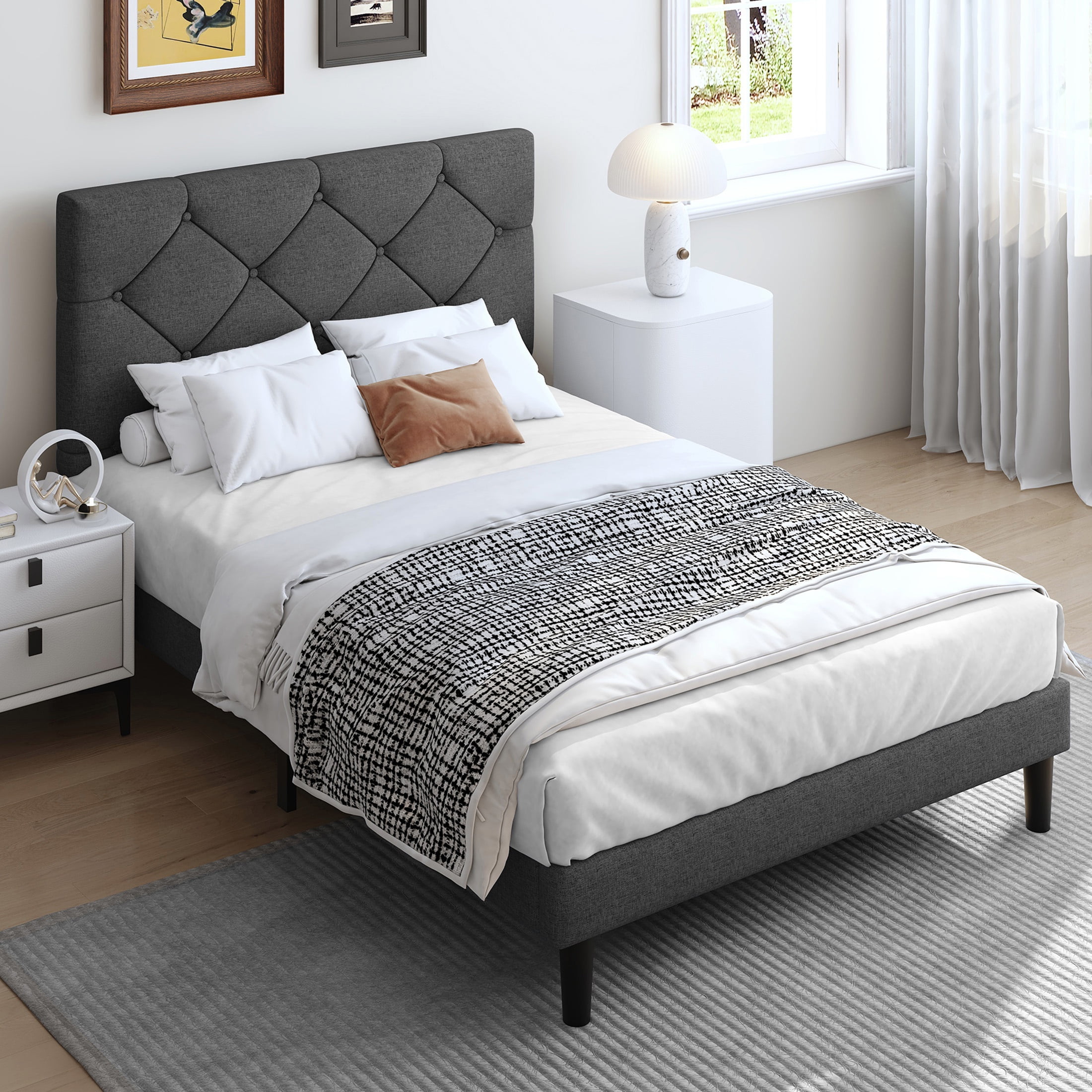 UHOMEPRO Upholstered Platform Twin Bed Frame with Headboard Modern Gray Fabric Linen Twin Bed Frame with Wood Slat Support Mattress Foundation for