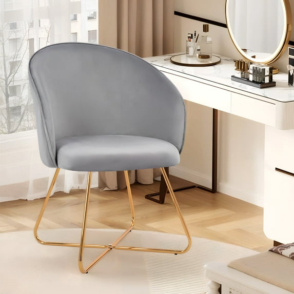 uhomepro Vanity Chair Accent Armchair with Gold Legs Modern Upholstered Leisure Dining Chairs Velvet Cushion for Home Living Room Bedroom Reception Area, Grey