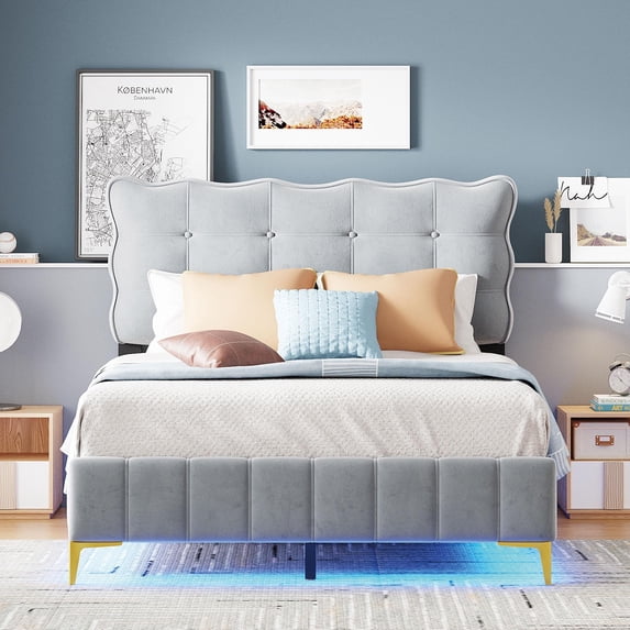 uhomepro Velvet Upholstered Platform Bed Frame, Full Size Bed Frame with LED Frame and Stylish Mental Bed Legs, Heavy Duty Bed Mattress Foundation, No Box Spring Required, Gray