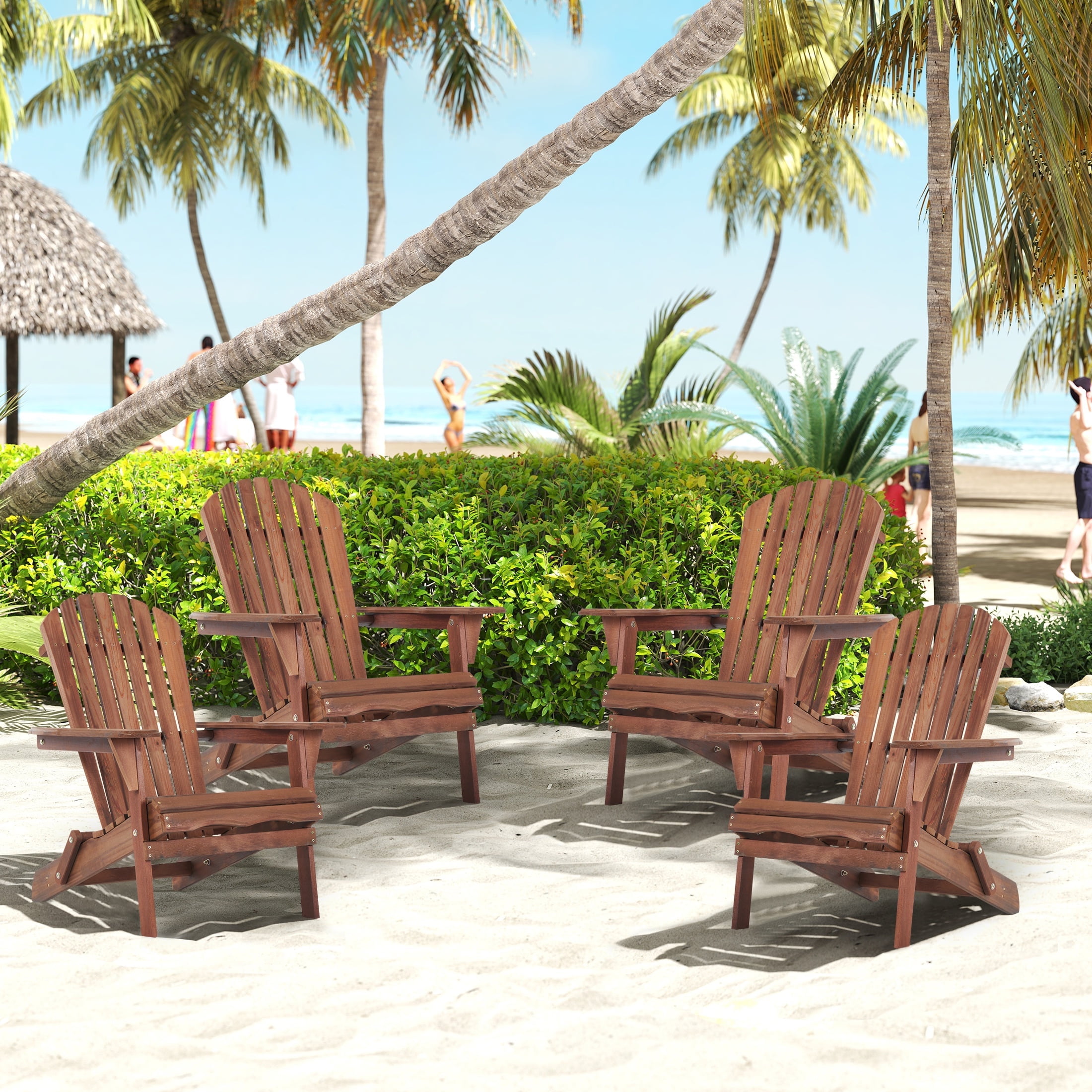 UHOMEPRO Folding Adirondack Chair Set of 4, Outdoor Weather Resistant Patio Lawn Chair, Wooden Fire Pit Chair for Outside Deck Garden Backyard Balcony, Patio Furniture Set Lounge Chairs, Brown