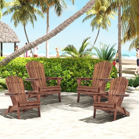 UHOMEPRO Folding Adirondack Chair Set of 4, Outdoor Weather Resistant Patio Lawn Chair, Wooden Fire Pit Chair for Outside Deck Garden Backyard Balcony, Patio Furniture Set Lounge Chairs, Brown