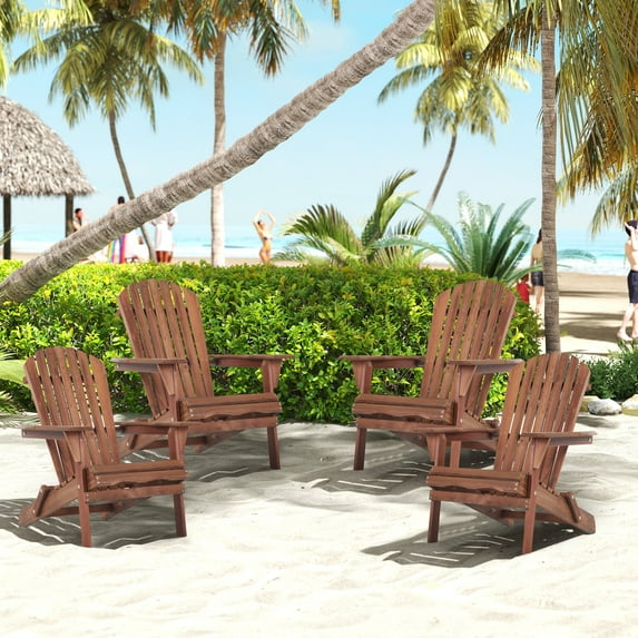 UHOMEPRO Folding Adirondack Chair Set of 4, Outdoor Weather Resistant Patio Lawn Chair, Wooden Fire Pit Chair for Outside Deck Garden Backyard Balcony, Patio Furniture Set Lounge Chairs, Brown