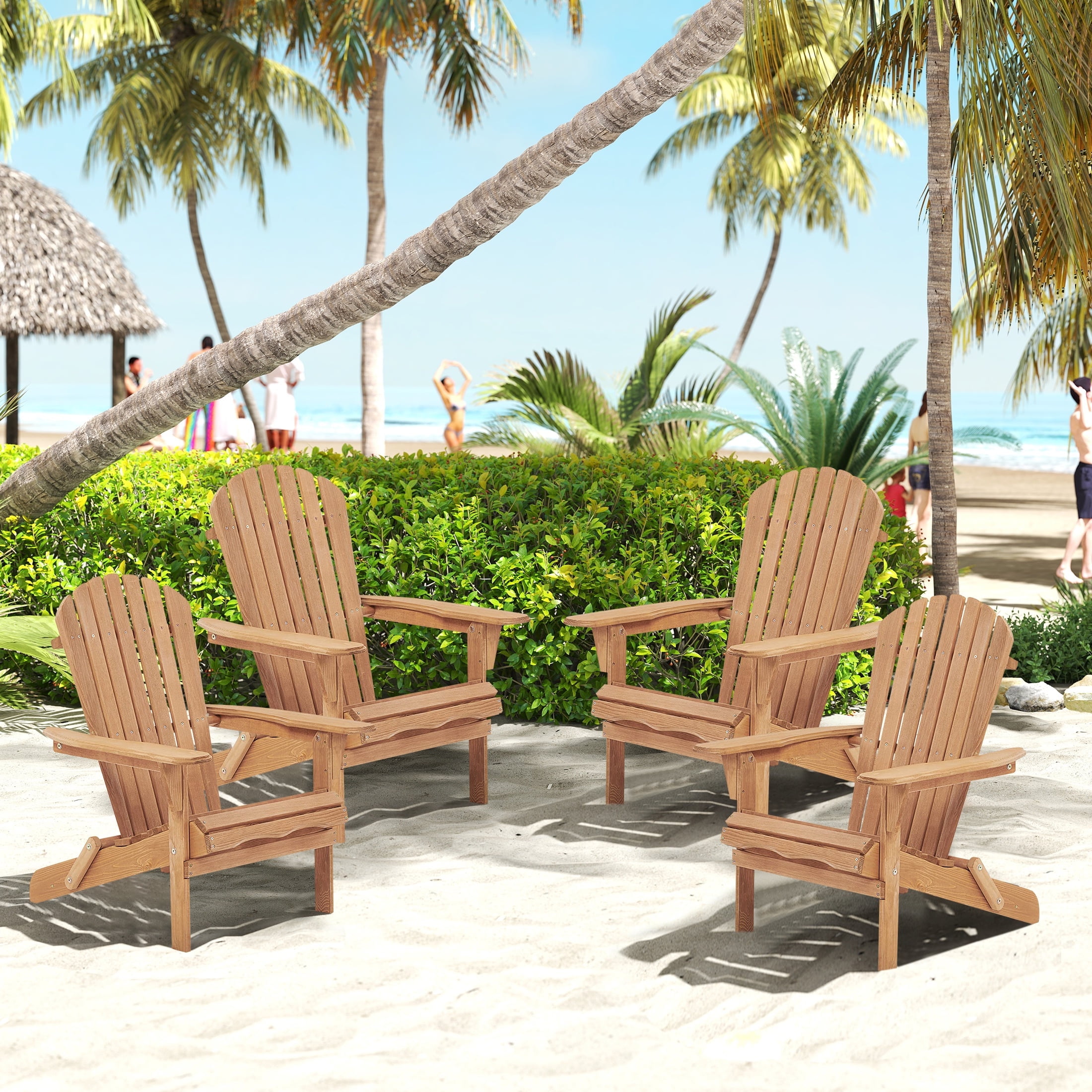 UHOMEPRO Folding Adirondack Chair Set of 4, Outdoor Weather Resistant Patio Lawn Chair, Wooden Fire Pit Chair for Outside Deck Garden Backyard Balcony, Patio Furniture Set Lounge Chairs, Wood