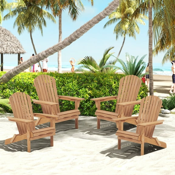 UHOMEPRO Folding Adirondack Chair Set of 4, Outdoor Weather Resistant Patio Lawn Chair, Wooden Fire Pit Chair for Outside Deck Garden Backyard Balcony, Patio Furniture Set Lounge Chairs, Wood