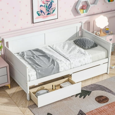 UHOMEPRO Daybed with Storage Drawers,Twin Bed Frame with Storage, Solid Wood Twin Bed Frame Sofa Bed for Living Room Guest Room Bedroom Furniture, No Box Spring Needed, White