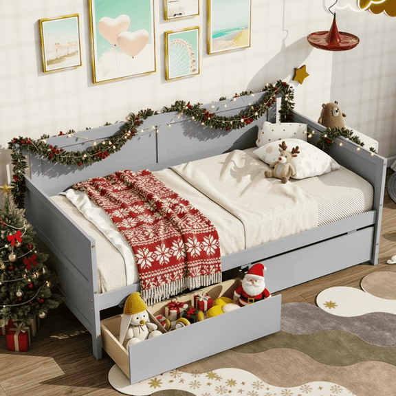 UHOMEPRO Daybed with Storage Drawers, Twin Bed Frame with Storage, Solid Wood Twin Bed Frame Sofa Bed for Living Room Guest Room Bedroom Furniture, No Box Spring Needed, Gray