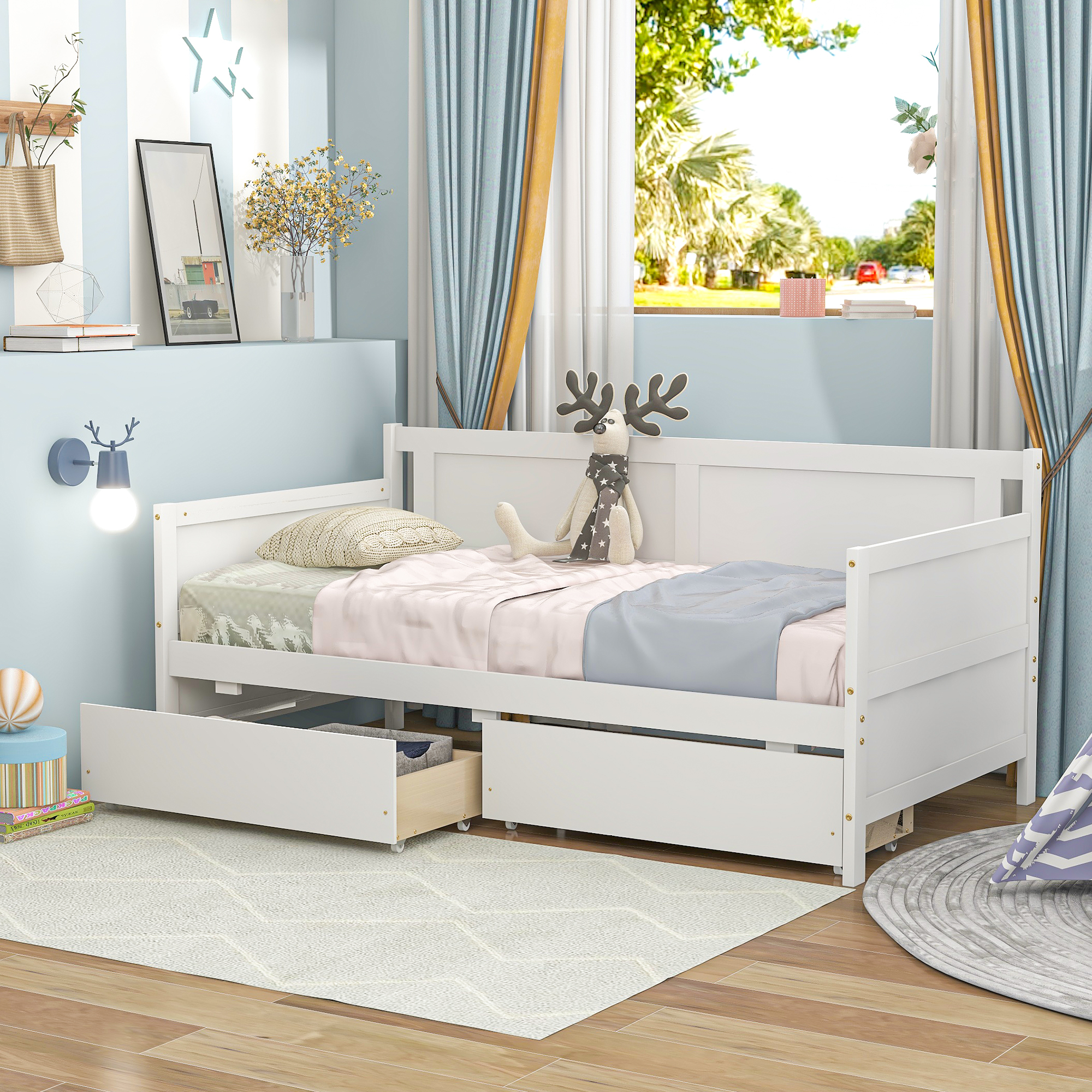 uhomepro White Daybed with Storage Drawers, Wood Twin Bed Frame Sofa Bed for Kids Girls Boys, Living Room Bedroom Furniture, No Box Spring Needed - image 1 of 11