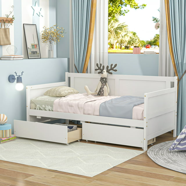 uhomepro White Daybed with Storage Drawers, Wood Twin Bed Frame Sofa Bed for Kids Girls Boys, Living Room Bedroom Furniture, No Box Spring Needed