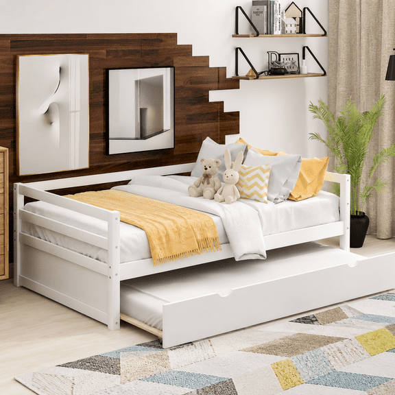 UHOMEPRO Twin Size Daybed with Trundle, White Wood Daybed Frame with Guardrails, Twin Day Bed Sofa Bed, No Box Spring Needed, for Kids Room Guest Room Bedroom