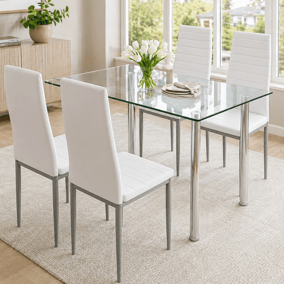 UHOMEPRO White Kitchen Table Set, 5 Pieces Dining Table Set, Tempered Glass Dining Table and Chairs Set for 4, Upgraded Iron Dining Room Table Set with 4 PU Leather Chairs
