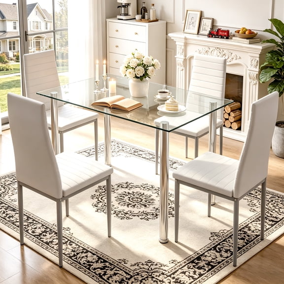 UHOMEPRO White Kitchen Table Set, 5 Pieces Dining Table Set, Tempered Glass Dining Table and Chairs Set for 4, Upgraded Iron Dining Room Table Set with 4 PU Leather Chairs