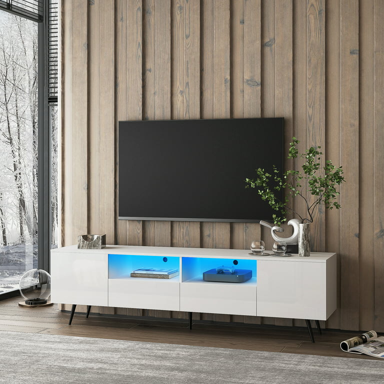 uhomepro TV Stand for TVs up to 70, Living Room Entertainment Center with  RGB LED Lights and Storage Shelves Furniture, White High Gloss TV Cabinet