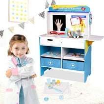 uhomepro Wooden Get Well Doctors Activity Center Preschool Toys for Girls Boys 3 4 5 6 Years, Pretend Doctor Kit with Fun Accessories for Kids Toddlers Gifts, Blue