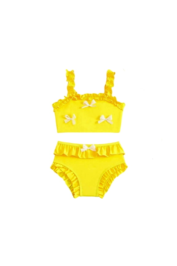 2-Piece Baby Toddler Kids Girls Sunsuit - Korean Style Bow Ruffle Strap Beachwear Color:Yellow,Size:4-5 Years