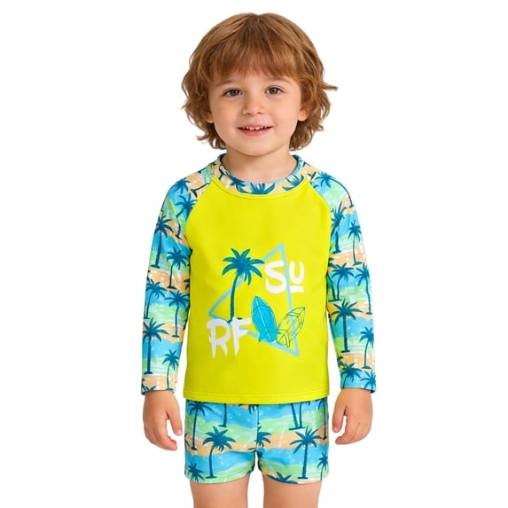 uikmnh 2 Piece Toddler Boys' SURF Rash Guard Set Long Sleeve Tree Print Swimwear Size:6-9 Months