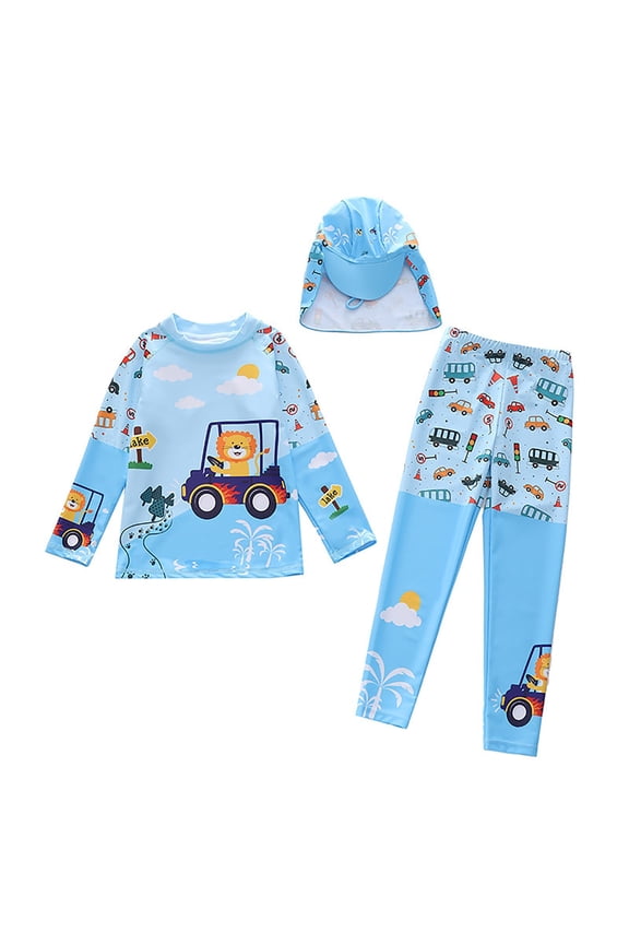 3-Piece Kids UPF 50+ Rash Guard Set - Long Sleeve & Swim Trunks Beach Surfing Color:Sky Blue,Size:8-9 Years