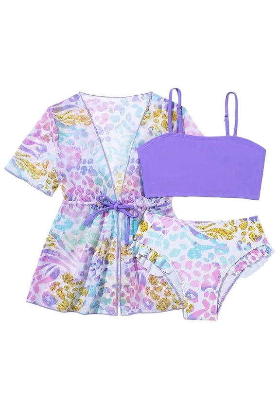 3 Piece Toddlers Bikini Set with Adjustable Straps & Cover Up - Girls Summer Pool Parties Beach Outfit Color:Purple,Size:5-6 Years