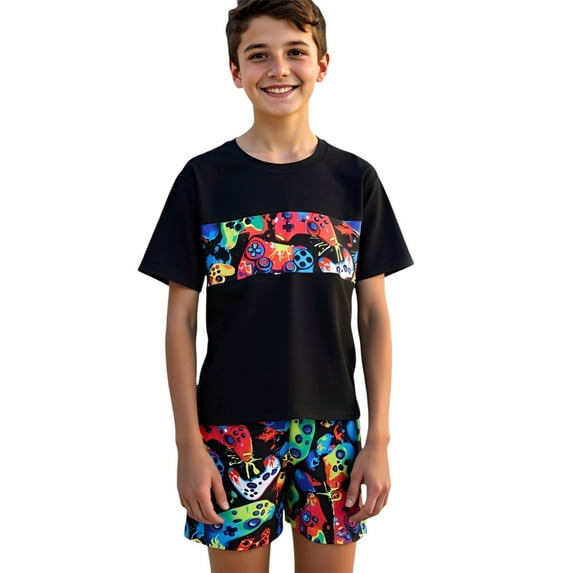 uikmnh Boys' 2-Piece Rash Guard Set Gaming Print Short Sleeve UPF 50+ Board Shorts Size:11-12 Years