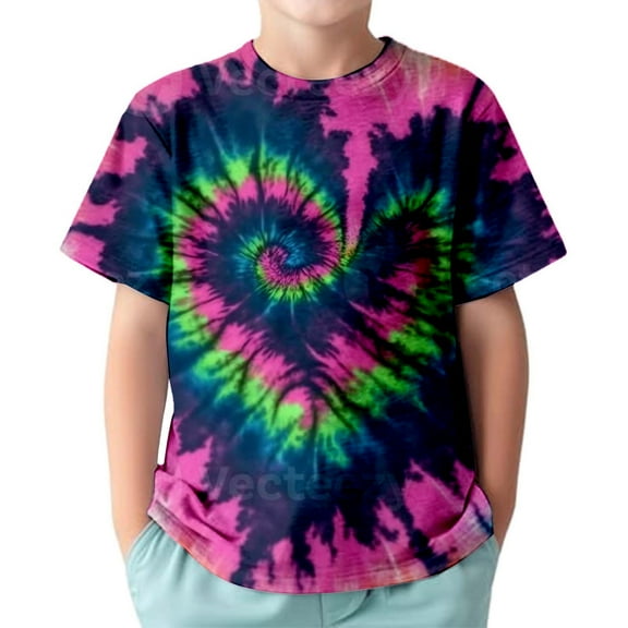 uikmnh Boys Shirts Boys Tie Dye T-Shirt Casual Short Sleeve Round Neck Tee for Kids Comfortable Summer Top Loose Fit Hippie Style Rainbow Print Size:12-13 Years