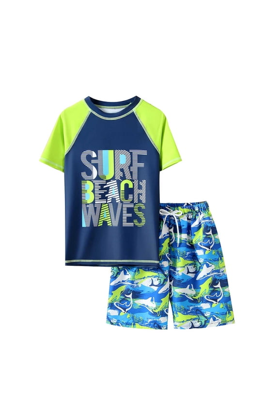 Cute Swimsuits Boys 2-Piece Swim Set Short Sleeve Rash Guard Shirt and Matching Trunks for Swimming Surfing Beach Size:7-8 Years