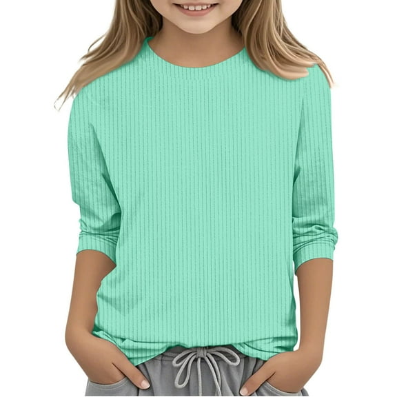 uikmnh Cute Tops for Teens Girls Casual Lightweight Knit Crewneck Shirt Three Quarter Sleeve Loose Fit Comfy Pullover Top for Everyday Wear Size:12-13 Years